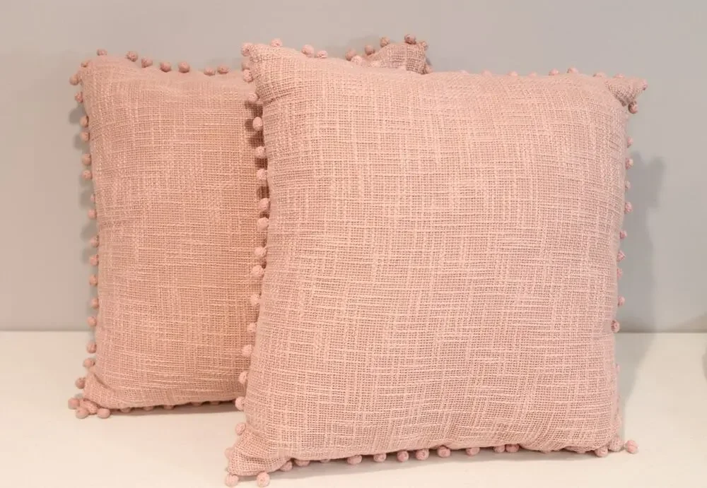 2 Pier 1 Basketweave Design Texture Throw Pillows Blush Pink Pom Pom Trim Zip Up
